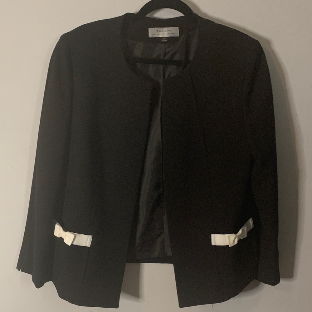 Elegant Black Blazer with White Bow Details